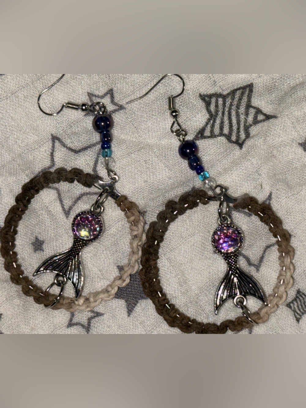 Handmade Hemp Wrapped Hoop Earrings with Iridescent Mermaid Tail Earrings